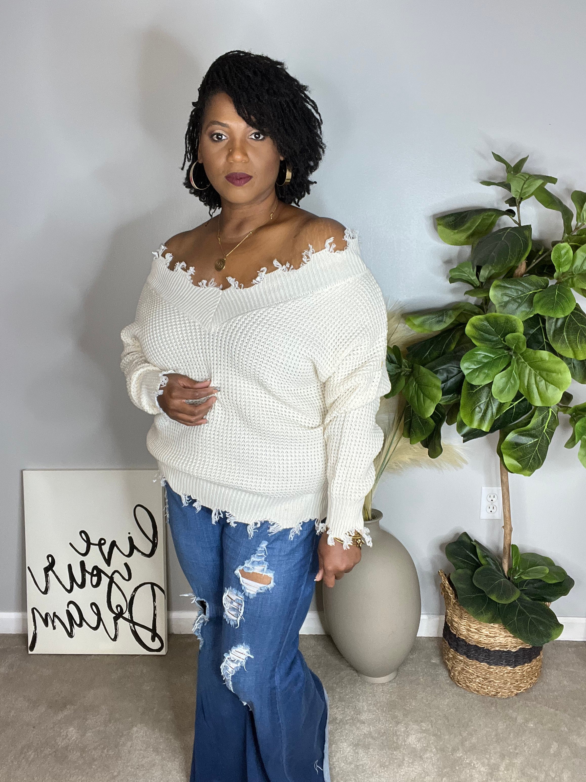 Frayed v shop neck sweater